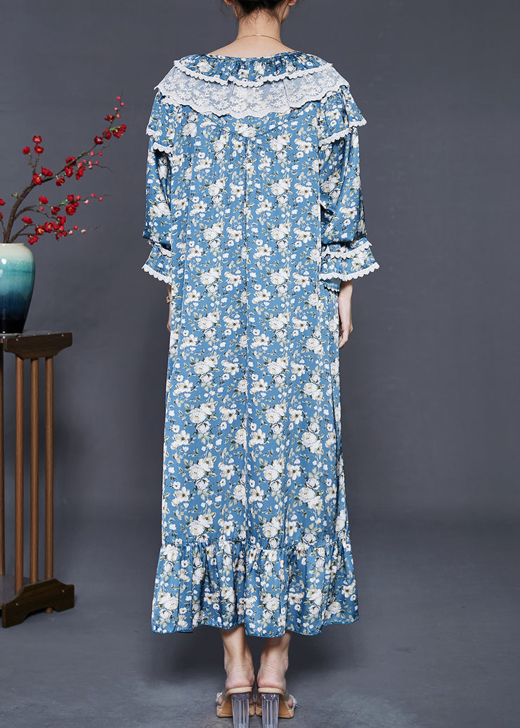 Fitted Blue Double-layer Print Cotton Robe Dresses Fall