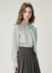 Fitted Blue Gradient Striped Bow Patchwork Cotton Shirts Fall