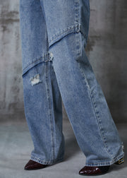 Fitted Blue Patchwork Denim Pants Ripped Jeans Fall