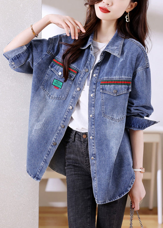 Fitted Blue Peter Pan Collar Button Patchwork Denim Coats Long Sleeve