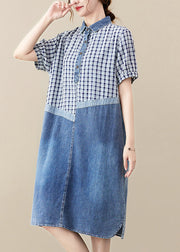 Fitted Blue Peter Pan Collar Patchwork Plaid Denim Long Dress Summer