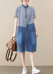 Fitted Blue Peter Pan Collar Patchwork Plaid Denim Long Dress Summer