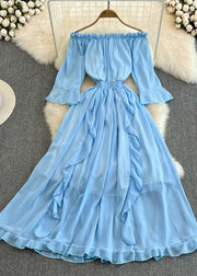 Fitted Blue Slash Neck Ruffled Tunic Chiffon Long Dress Half Sleeve