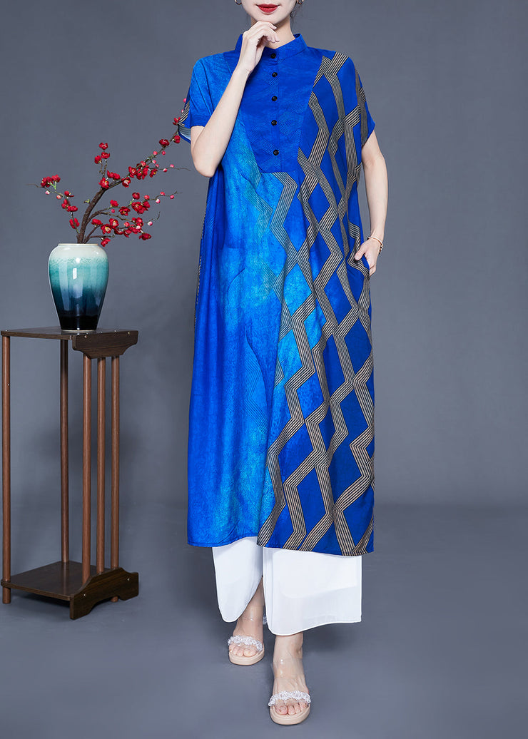 Fitted Blue Stand Collar Tie Dye Silk Maxi Dresses Summer