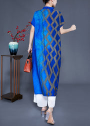 Fitted Blue Stand Collar Tie Dye Silk Maxi Dresses Summer