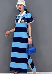 Fitted Blue Striped Turn-down Collar Lace Patchwork Side Open Cotton Long Dress Short Sleeve