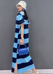 Fitted Blue Striped Turn-down Collar Lace Patchwork Side Open Cotton Long Dress Short Sleeve