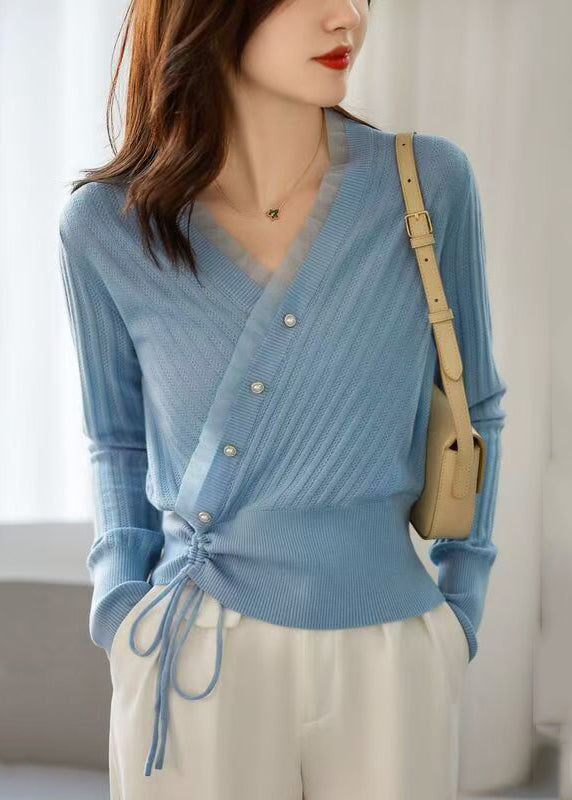 Fitted Blue V Neck Patchwork Drawstring Cotton Knit Sweaters Fall