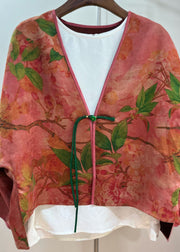 Fitted Brick Red Tasseled Print Silk Cardigans Batwing Sleeve