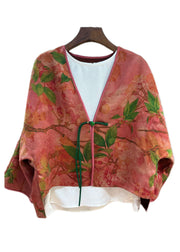 Fitted Brick Red Tasseled Print Silk Cardigans Batwing Sleeve