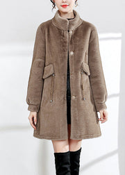 Fitted Coffe Stand Collar Drawstring Button Mink Velvet Thick Woolen Coats Winter