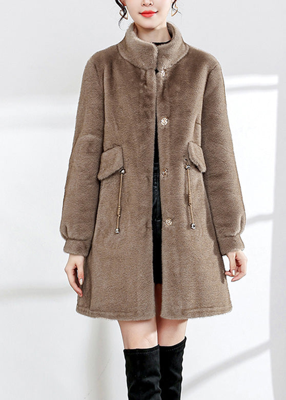 Fitted Coffe Stand Collar Drawstring Button Mink Velvet Thick Woolen Coats Winter