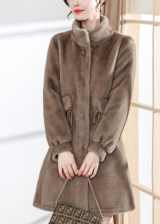 Fitted Coffe Stand Collar Drawstring Button Mink Velvet Thick Woolen Coats Winter