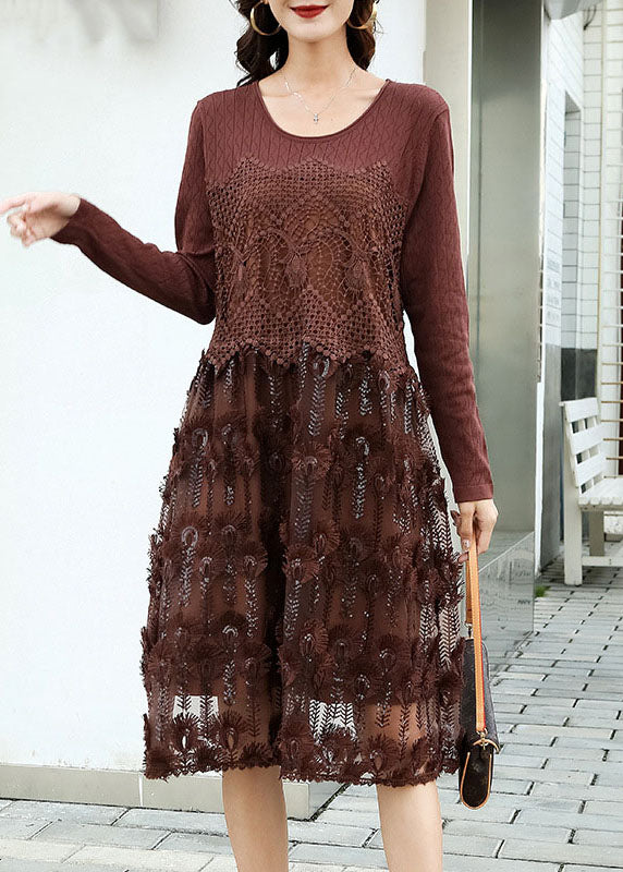 Fitted Coffee Embroideried Patchwork Knit Dresses Spring