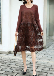 Fitted Coffee Embroideried Patchwork Knit Dresses Spring