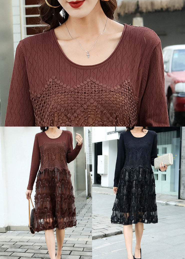 Fitted Coffee Embroideried Patchwork Knit Dresses Spring