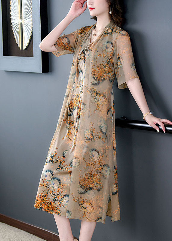 Fitted Coffee V Neck Print Wrinkled Patchwork Silk Dresses Summer