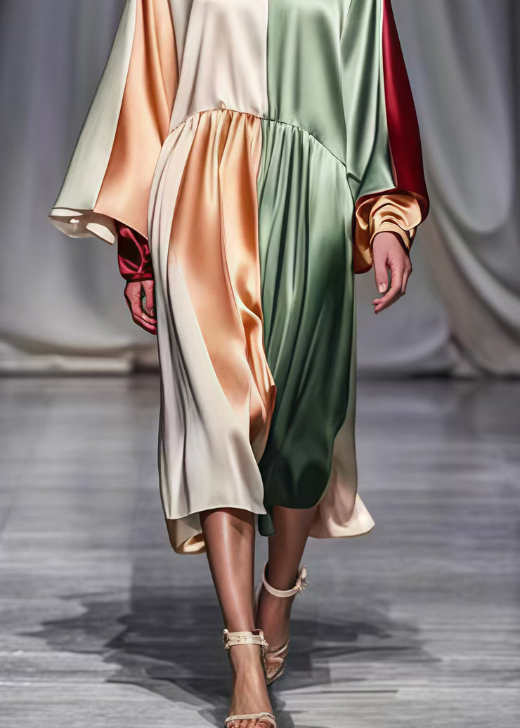 Fitted Colorblock Asymmetrical Patchwork Silk Long Dresses Spring