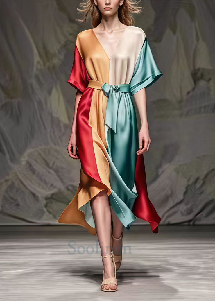 Fitted Colorblock Cinched Patchwork Silk Party Dress Summer