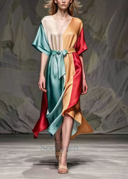 Fitted Colorblock Cinched Patchwork Silk Party Dress Summer