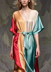 Fitted Colorblock Cinched Patchwork Silk Party Dress Summer