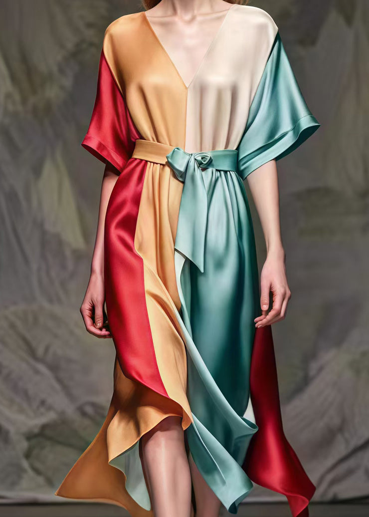 Fitted Colorblock Cinched Patchwork Silk Party Dress Summer