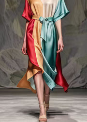 Fitted Colorblock Cinched Patchwork Silk Party Dress Summer