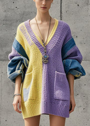 Fitted Colorblock V Neck Patchwork Denim Knit Dress Fall