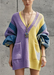 Fitted Colorblock V Neck Patchwork Denim Knit Dress Fall