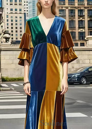 Fitted Colorblock V Neck Patchwork Silk Velvet Long Dress Flare Sleeve