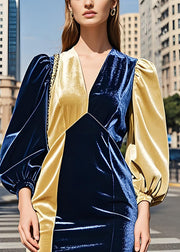 Fitted Colorblock V Neck Velvet Mid Dress Lantern Sleeve