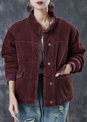 Fitted Dull Red Thick Fine Cotton Filled Corduroy Coats Winter