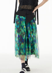 Fitted Green Asymmetrical Print Patchwork Tulle Skirts Summer