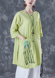 Fitted Green Embroideried Tassel Linen Top Half Sleeve