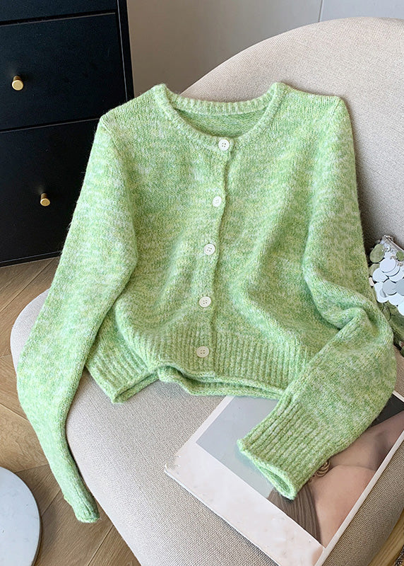 Fitted Green O-Neck Button Cozy Cotton Knit Cardigan Winter