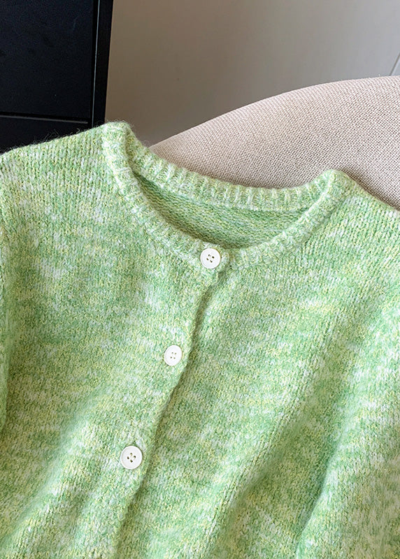 Fitted Green O-Neck Button Cozy Cotton Knit Cardigan Winter