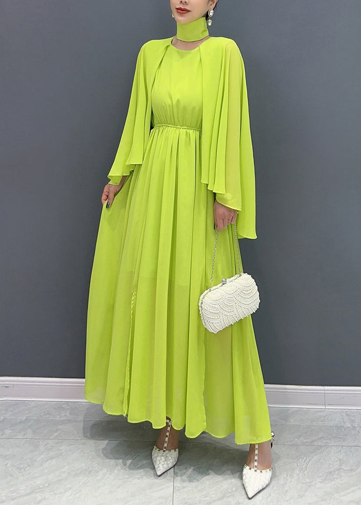 Fitted Green Shawl Collar Patchwork Vacation Maxi Dresses Flare Sleeve