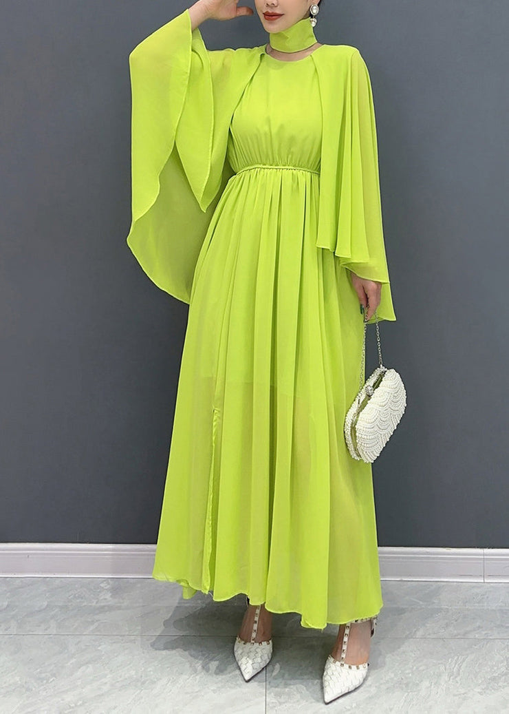 Fitted Green Shawl Collar Patchwork Vacation Maxi Dresses Flare Sleeve