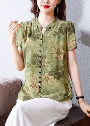 Fitted Green Stand Collar Print Button Silk Blouse Top Summer