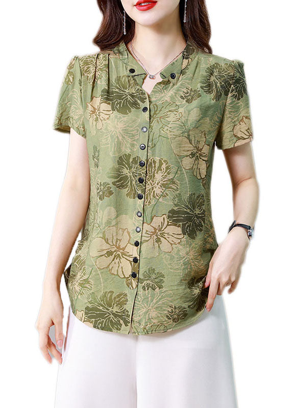 Fitted Green Stand Collar Print Button Silk Blouse Top Summer