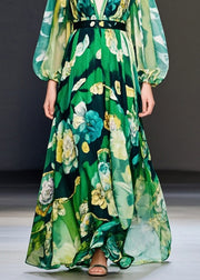 Fitted Green V Neck Print Chiffon Maxi Dress Fall