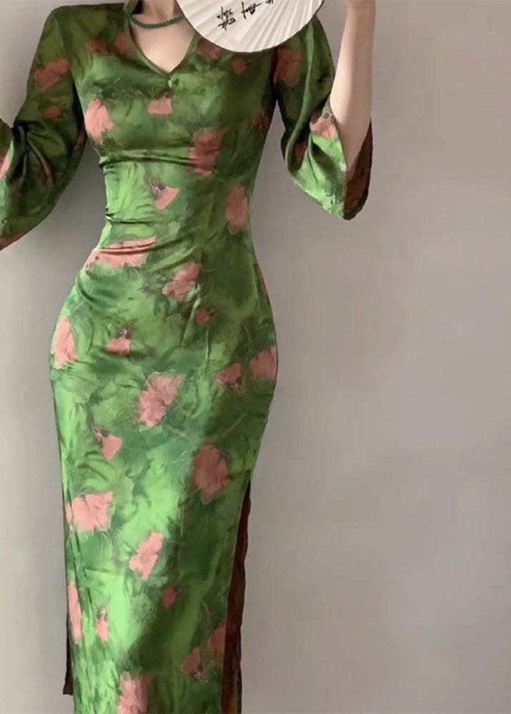 Fitted Green V Neck Print Side Open Silk Maxi Dress Bracelet Sleeve