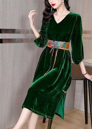 Fitted Green V Neck Side Open Silk Velour Cinch Dresses Fall