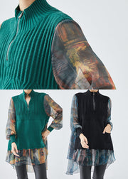 Fitted Green Zip Up Patchwork Knit Tops Fall