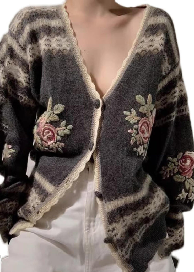 Fitted Grey Embroidered Floral Knit Cardigans Spring