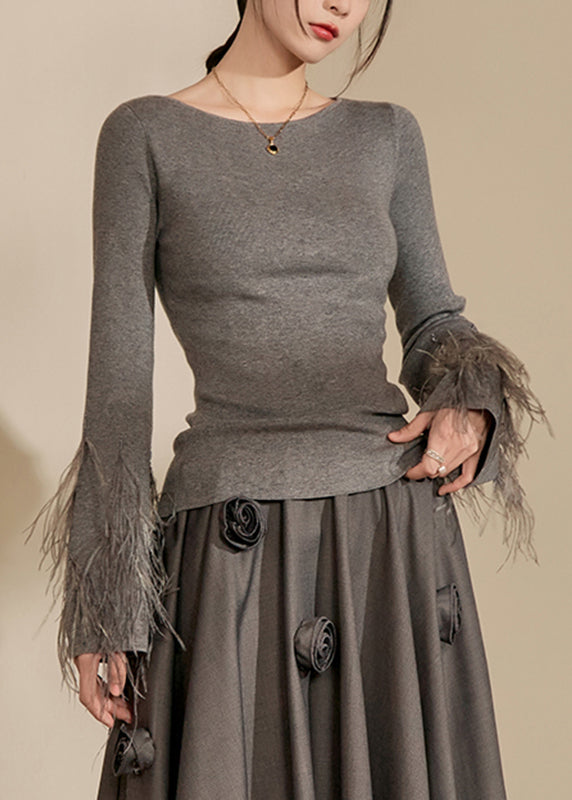 Fitted Grey O-Neck Tassel Cotton Knit Sweaters Fall