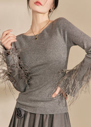 Fitted Grey O-Neck Tassel Cotton Knit Sweaters Fall