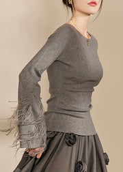 Fitted Grey O-Neck Tassel Cotton Knit Sweaters Fall