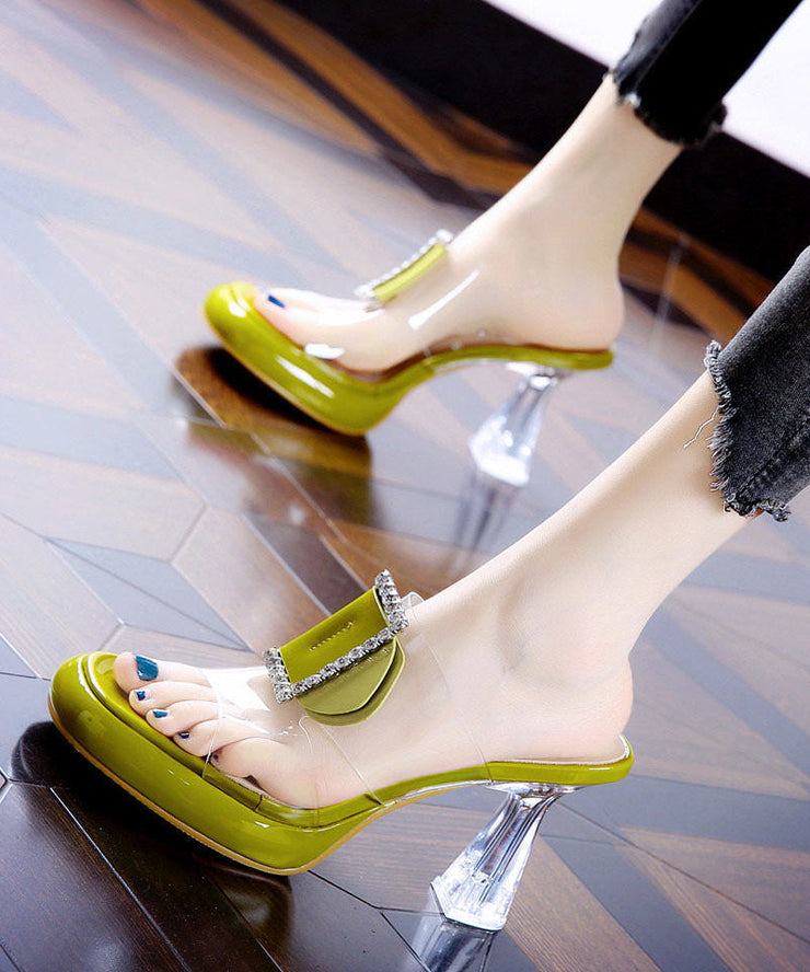 Fitted Hollow Out Chunky Green Cowhide Leather Platform High Heel Slippers