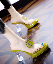 Fitted Hollow Out Chunky Green Cowhide Leather Platform High Heel Slippers